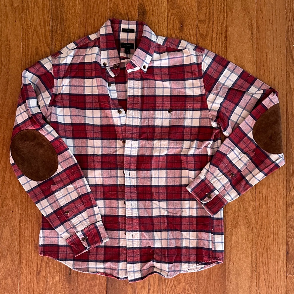 J.Crew Flannel Red White Blue Plaid M Suede Elbow Patches
